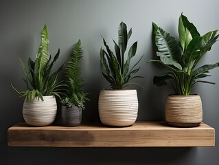 "Indoor Houseplants in Decorative Pots on Wooden Table Against Dark Wall"