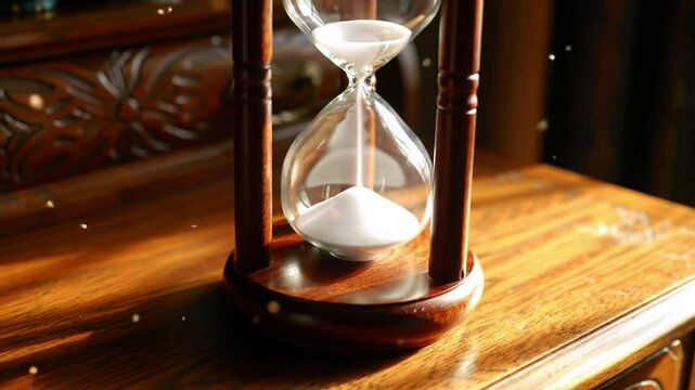 Vintage Hourglass Marking Fleeting Time Flowing On Wooden Table