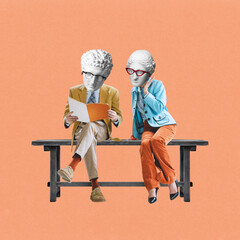 Creative artwork. Two statue-headed characters in vintage outfits sit on bench reading and chatting with serious expressions against coral background. Concept of communication, retro, daily dialogue