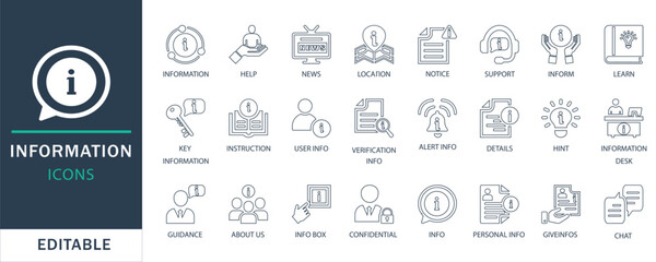 Editable information line icon set for web, app, and print. Includes support, news, help, instruction, guidance, user info, details, and chat icons in modern outline style.