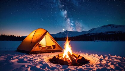 Illuminated tent beside crackling campfire under starry night sky in snowy mountain wilderness