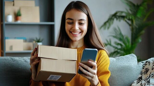 A woman smiling as she checks her phone. She's holding an unopened package, indicating she might have received a gift or ordered something online.