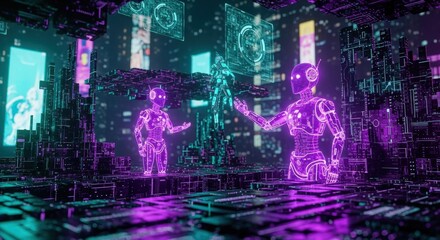 Fototapeta premium Artificial intelligence robots futuristic cityscape neon technology
