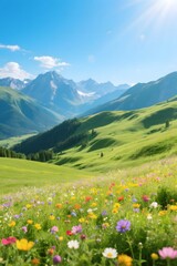 Panoramic Summer Mountain Landscape with Wildflower Fields