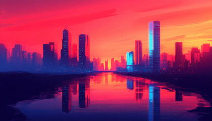 Obraz premium A vibrant city skyline reflected in a calm river at sunset.