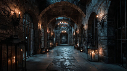 Medieval castle dungeon prison hallway illuminated by flaming torches on stone walls. Long corridor with barred cells, gothic arches, cobblestone floor leading to stairs. Underground game environment.