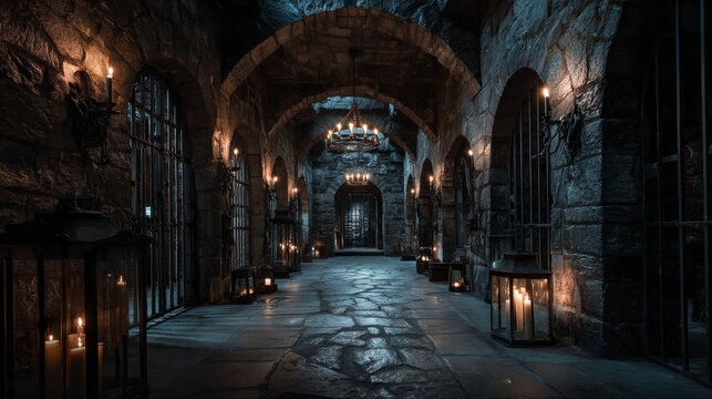 Medieval castle dungeon prison hallway illuminated by flaming torches on stone walls. Long corridor with barred cells, gothic arches, cobblestone floor leading to stairs. Underground game environment. - Powered by Adobe