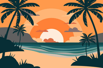 Sunset on the beach with palm trees. Tropical beach at sunset vector illustration. Landscape sunset beach with palm trees.