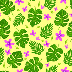 Tropical leaves and flowers seamless pattern for background and design. Beautiful tropical leaves and purple flowers on a light green background, seamless pattern vector illustration.
