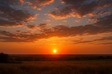 Obraz premium Golden hour sunset landscape with vibrant sky colors on a peaceful horizon. Serene evening scene. The sun setting over a tranquil landscape with glowing clouds. Sunset view. Orange sky 