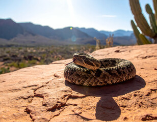 A coiled rattlesnake sunbathing on a rocky surface in a desert landscape with mountains and cacti in the background