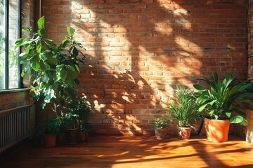 Obraz premium a brick wall and potted plants nearby