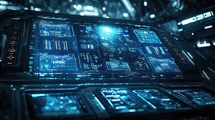 Obraz premium A futuristic spaceship console panel with glowing blue screens displaying complex data and information