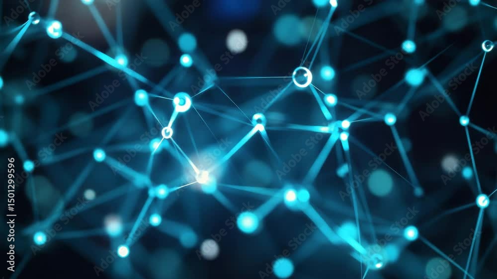 Poster abstract ai neural network background video with glowing interconnected nodes and deep blue cyan digital circuits, futuristic cybernetic web with smooth soft lighting, concept of AI