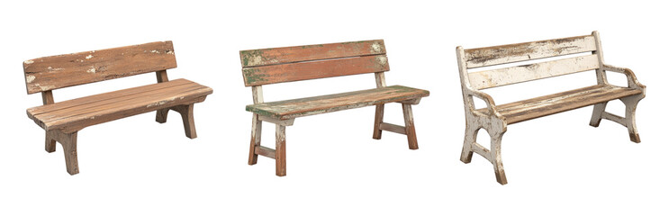 Fototapeta premium Set of Three Isolated Wooden Benches on Transparent Background