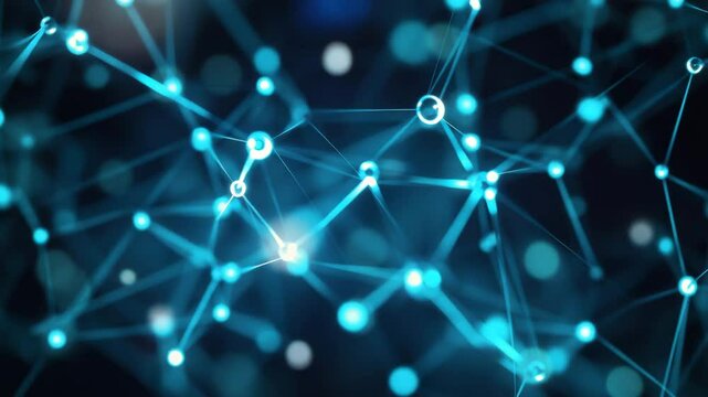 abstract ai neural network background video with glowing interconnected nodes and deep blue cyan digital circuits, futuristic cybernetic web with smooth soft lighting, concept of AI