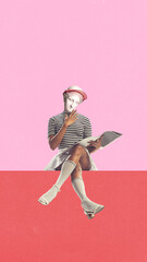 Abstract art collage. Seated woman in striped shirt and tennis visor with statue head reads magazine, hand resting on chest, legs crossed. Concept of elegance, fashion, visual contrast