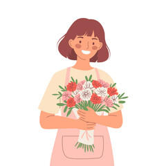 Smiling young female florist holding a beautiful fresh bouquet. Flower shop, floral business, and gift concept. Vibrant and inviting vector illustration. Isolated background