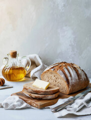 freshly baked sourdough bread on a wooden board, sliced with butter and honey on the side, Generative AI	
