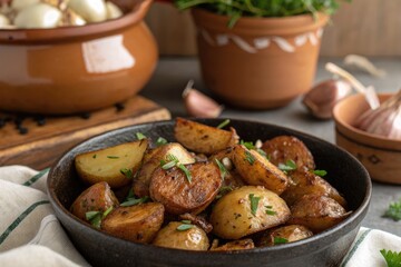 Pan fried baby potatoes with garlic and herbs in a rustic kitchen setting