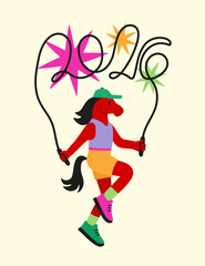 Vector illustration with jumping red horse with a rope. 2026 new year Chinese horoscope greeting card. Trendy print design, active sport fitness lifestyle concept art