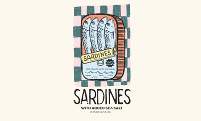 Sardines fish artwork for t shirt print, poster, sticker and other uses. Seafood t shirt design. Sardines love club. In pure olive and lemon. Canned fish artwork.