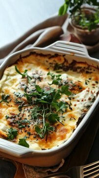 Albanian tave kosi or tave elbasani, lamb baked in a yogurt and egg custard, served in a baking dish. A flavorful and traditional Albanian dish