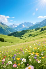 Fototapeta na wymiar Tranquil Summer Mountain Landscape with Flowers and Clear Sky