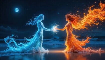 Ethereal Connection: Glowing Ice Man and Fire Woman by the Sea