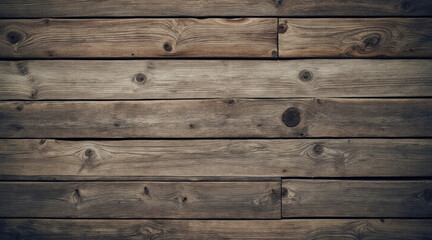 Aged wood close up view of weathered wooden planks with natural grain and knots, creating rustic and textured surface suitable for background.
