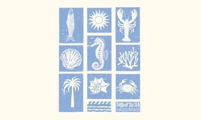 Seashell line drawing. Crab and lobster design. Sound of the sea. Seashell vintage artwork. Summer vibes artwork.  © riaz