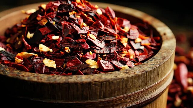 Heap of dried red chili flakes with garlic bits overflowing from a rustic wooden bowl, close-up shot