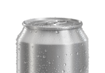 Aluminum soda can with water drops, transparent background