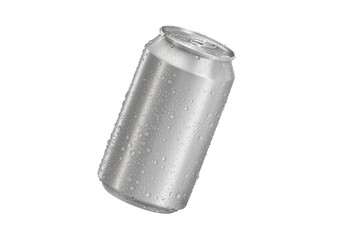 Aluminum soda can with water drops, transparent background