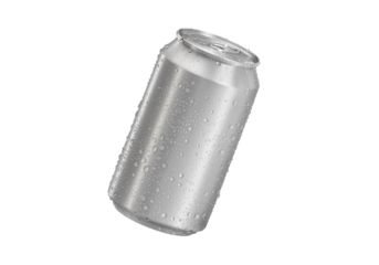 Aluminum soda can with water drops, transparent background