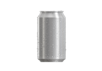 Aluminum soda can with water drops, transparent background