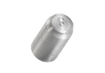 Aluminum soda can with water drops, transparent background