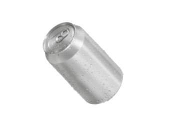 Aluminum soda can with water drops, transparent background