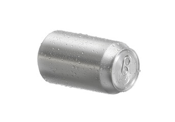 Aluminum soda can with water drops, transparent background