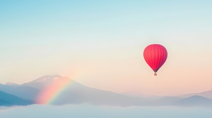 Fototapeta premium Red hot air balloon soaring above a misty mountain range with a rainbow. Concept of adventure, freedom, travel, and dreams.