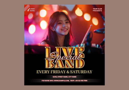 Social Media Post of Live Special Band with Asian Female Drummer Under Stage Lights for Weekend Music Event.