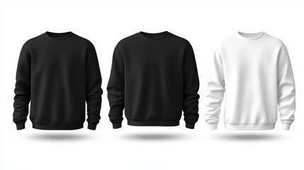 Mockup of three blank crewneck sweatshirts, displayed in black and white color variations, ideal for apparel design