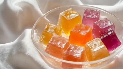 Colorful Gelatin Cubes in a Glass Bowl