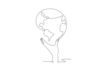 Hands reaching for the earth. World environment day concept one-line drawing