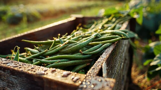Fresh green beans in a wooden box, sunlit