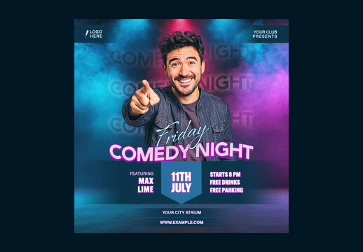 Friday Comedy Night Show Social Media Post with Male Comedian for Club Event Promotion, Editable Design.