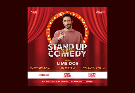Live Stand Up Comedy Show Social Media Post with Male Comedian for Club Event Promotion, Editable Design.