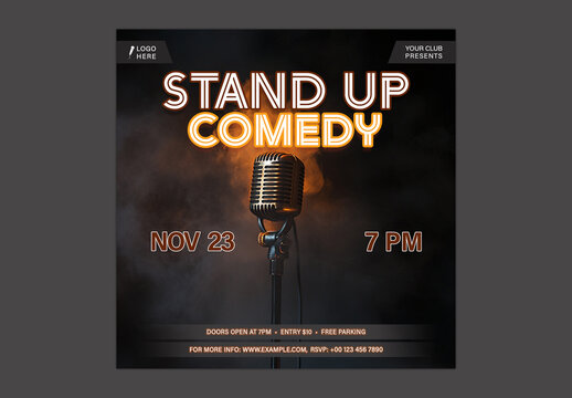 Stand Up Comedy Show Social Media Post with Vintage Microphone in Black Color for Club Event Promotion, Editable Design.