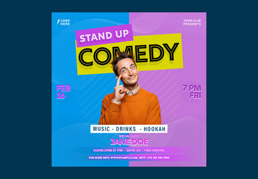 Stand Up Comedy Show Social Media Post with Male Comedian for Club Event Promotion, Editable Design.