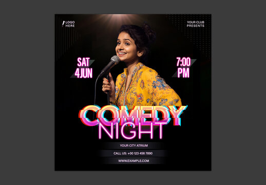 Comedy Night Social Media Post with Woman Holding Mic for Club Event Promotion, Editable Design.
